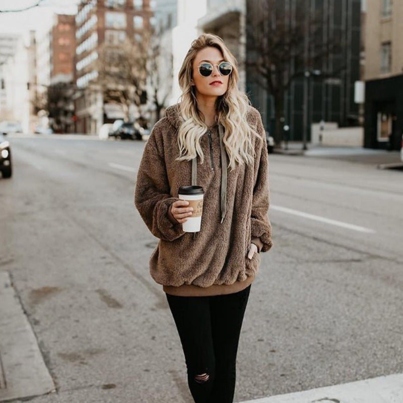 Women's Polerones Fleece Hoodies Long Sleeve Hooded Pullover Sweatshirt Autumn Winter Warm Zipper Pocket Coat Female Sweatshirt Ooho