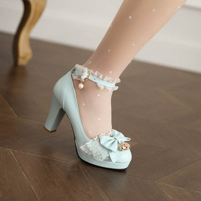 Girl Student Leather Shoes High Heels Thick Heel Single Shoes Bow Dress Female Ooho