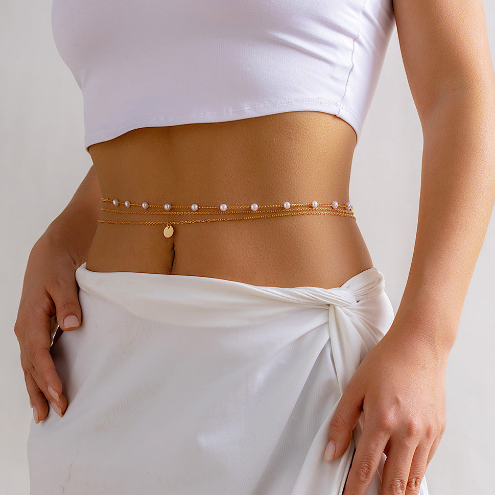Classic Flat Snake Link Waist Chain Imitation Pearl Beads for Women Sexy Belly Body Chains Jewelry Party Summer Street Ooho