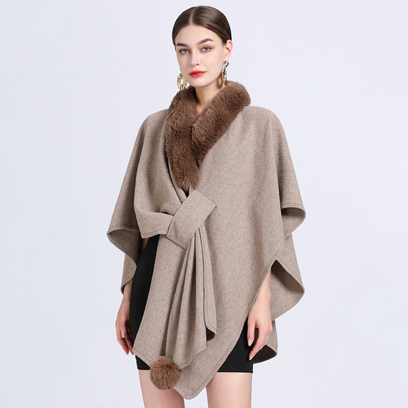 Imitation Rex Rabbit Fur Collar Cape and Shawl for Women – Loose Knitted Cardigan Ooho