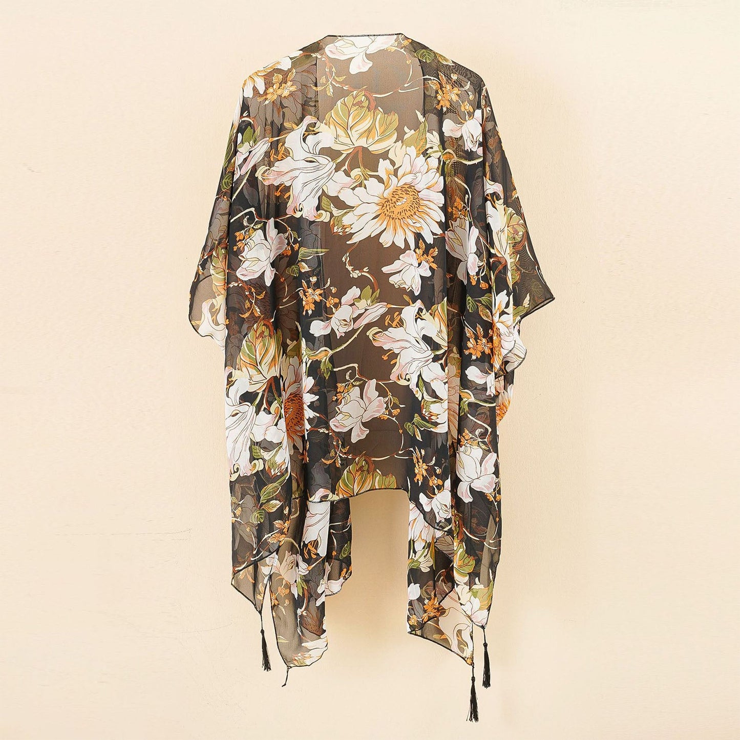Beach Swimwear Cover Up Chiffon One Size Black Tassel Floral Print Swim Cover Up for Water Park Vacation Ooho