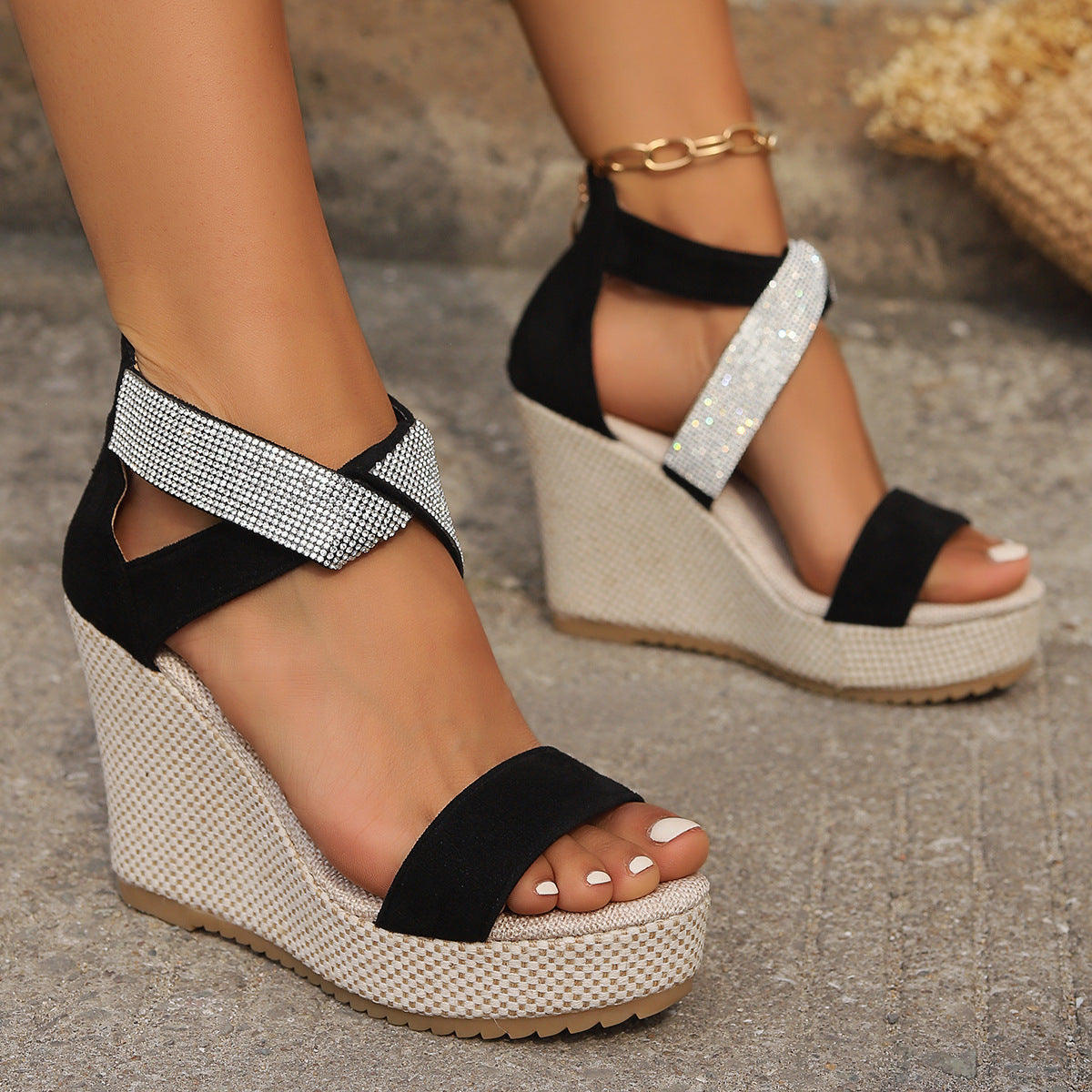 Fish Mouth High Wedges Sandals With Rhinestone Design Fashion Summer Platform Shoes For Women Ooho