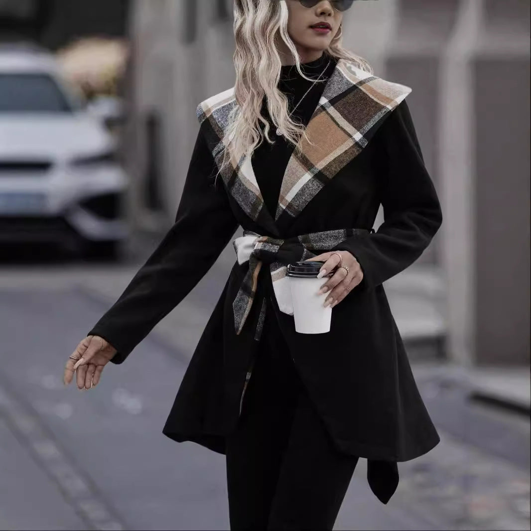 Lace-up Plaid Color Matching Wool Mid-length Trench Coat for Women – Elegant & Cozy Outerwear Ooho