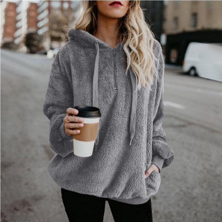 Women's Polerones Fleece Hoodies Long Sleeve Hooded Pullover Sweatshirt Autumn Winter Warm Zipper Pocket Coat Female Sweatshirt Ooho