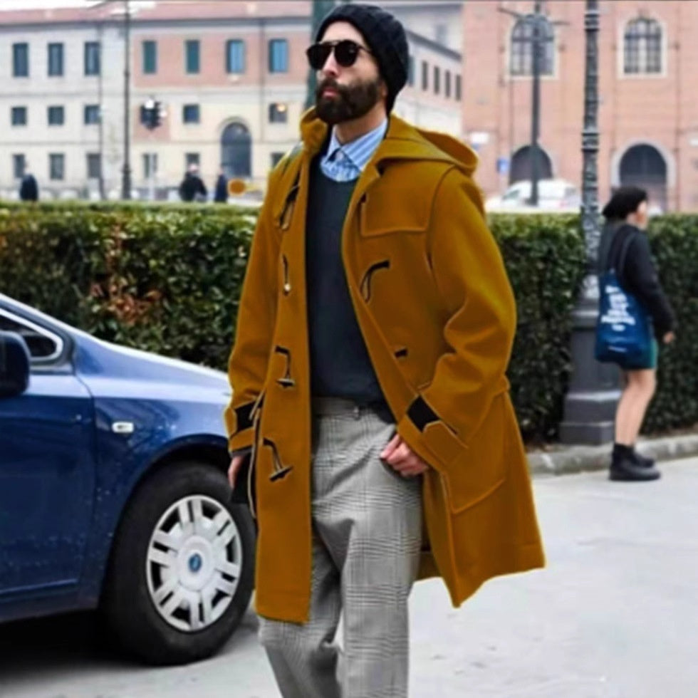 Retro Horn Button Hooded Woolen Trench Coat Men Ooho