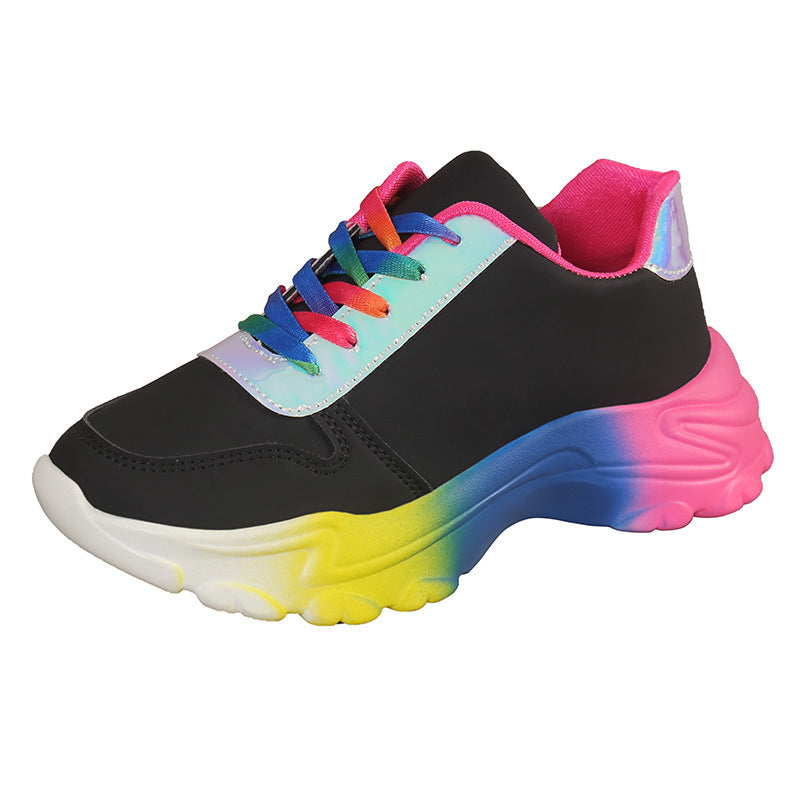 INS Style Rainbow Color Sports Shoes For Women Thick Bottom Lace-up Sneakers Fashion Casual Lightweight Running Walking Shoes Ooho