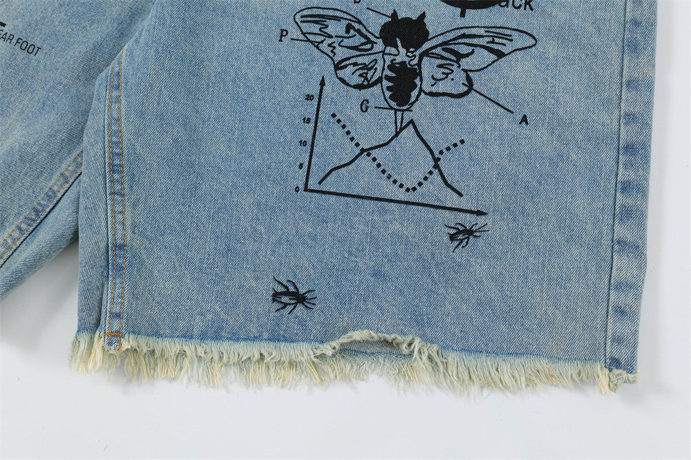Printed Denim Straight Shorts For Men Ooho