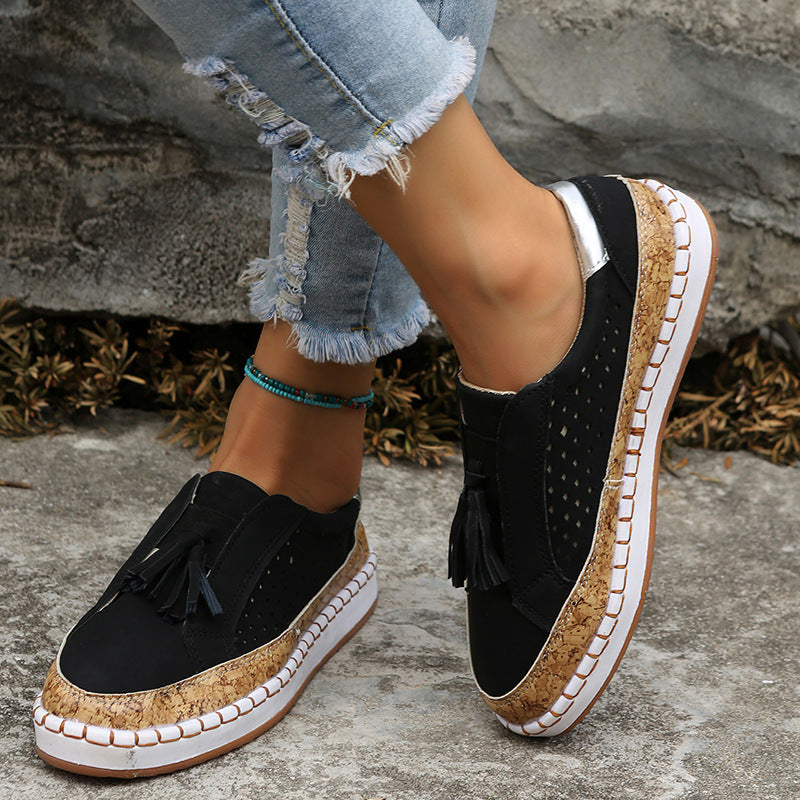 Tassel Shoes Women's Color Matching Round Toe Flats Ooho