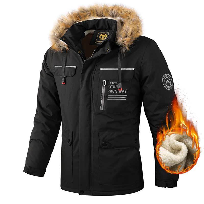 Men's Casual Hooded Jacket Parka Autumn And Winter Warm Solid Color Windproof Coat Outdoor Clothes With Multiple Pockets Ooho