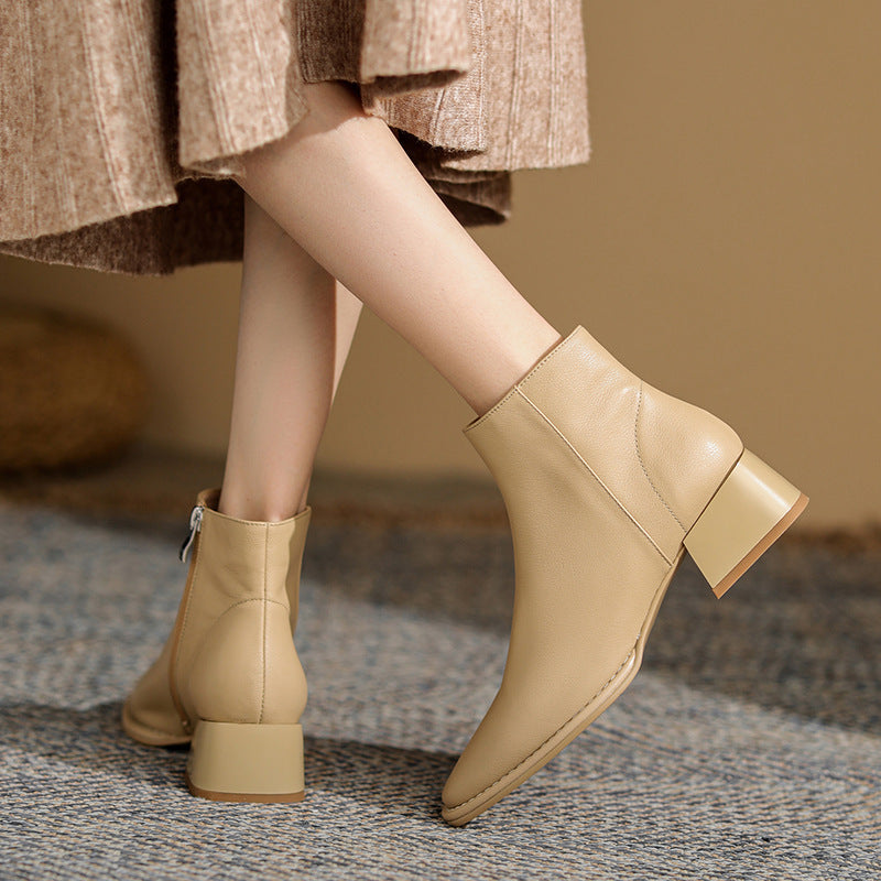 Simple All-match Soft Cowhide Boots Autumn And Winter New Thick Mid Heel Round Toe Brown Ankle Boots For Women Ooho
