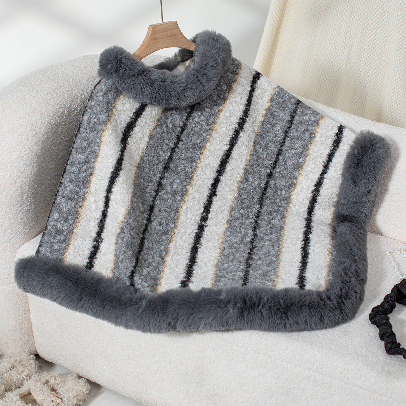 Cape Fur Collar Striped Knitted Shawl Sweater For Women Ooho