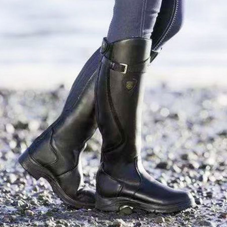 Classic Fashion Riding Western Boots Winter Knee Buckle Boots High Block Heel Round Toe Shoes For Women Ooho