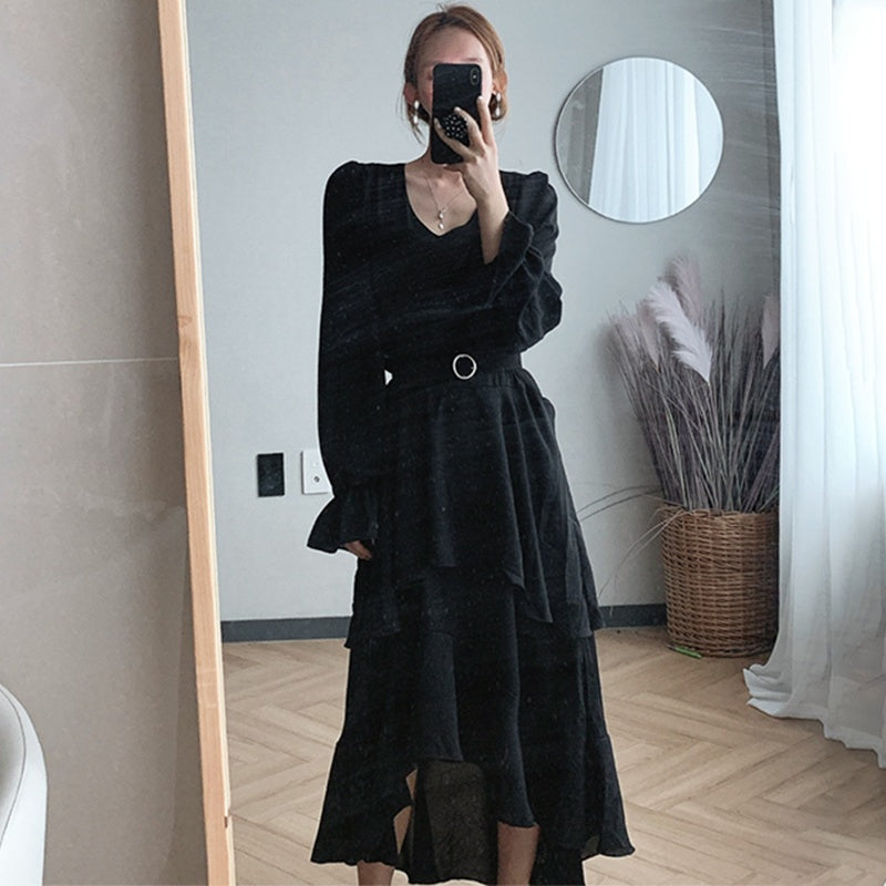 V-Neck Irregular Flare Sleeve Dress for Women | Elegant Asymmetrical Dress Ooho