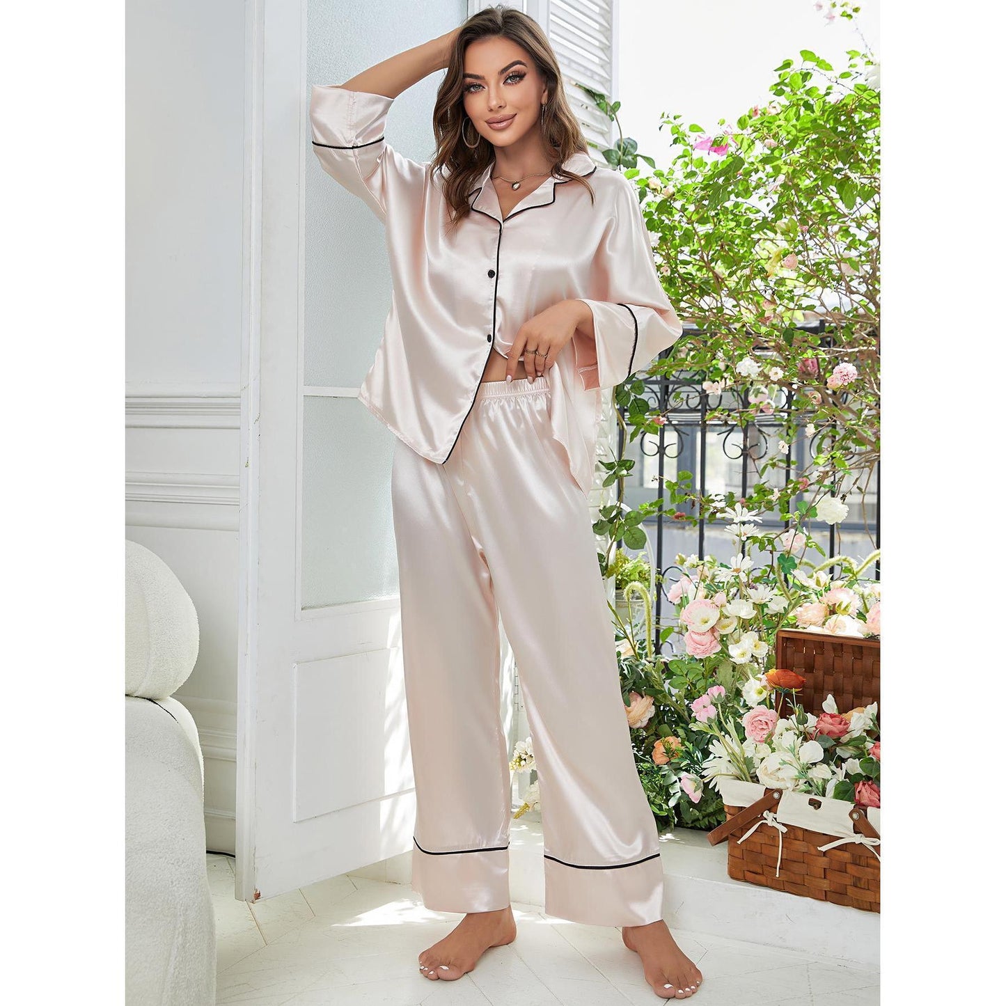 Long Sleeve Pajama Set Button Up Shirt And Pants Lounge Sets Sleepwear Ooho