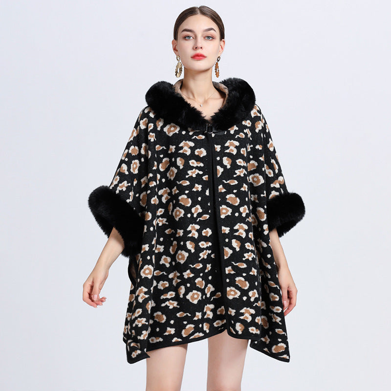 Women's Oversized Jacquard Shawl Cape – Knitted Woolen Cardigan Coat for Elegant Winter Style Ooho