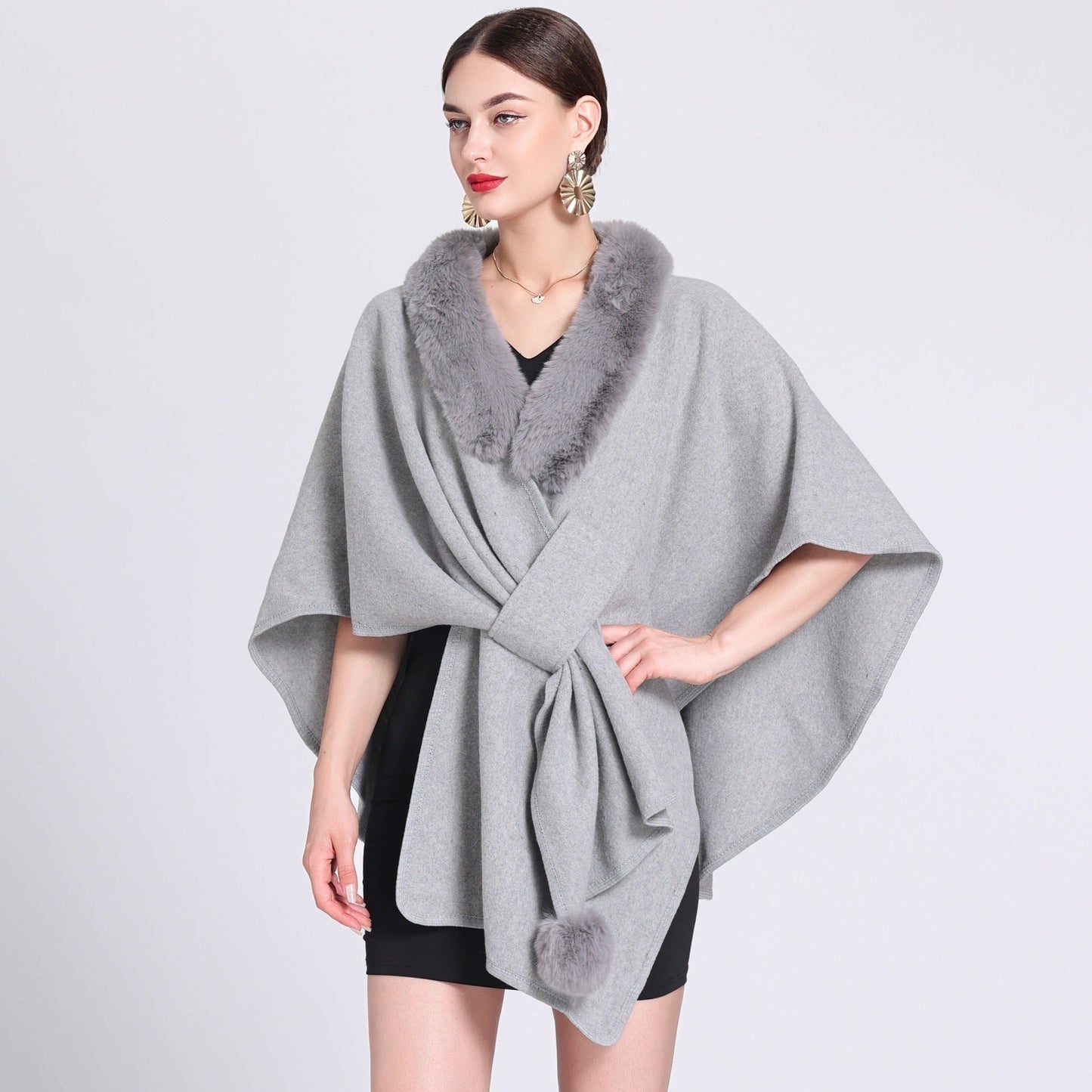 Imitation Rex Rabbit Fur Collar Cape and Shawl for Women – Loose Knitted Cardigan Ooho