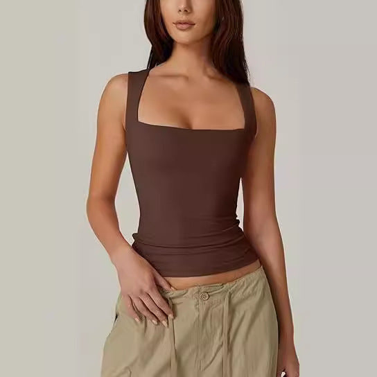 Summer Square-neck Tank Vest Ins Fashion Slim Solid Sleeveless Tops For Women Clothing Ooho