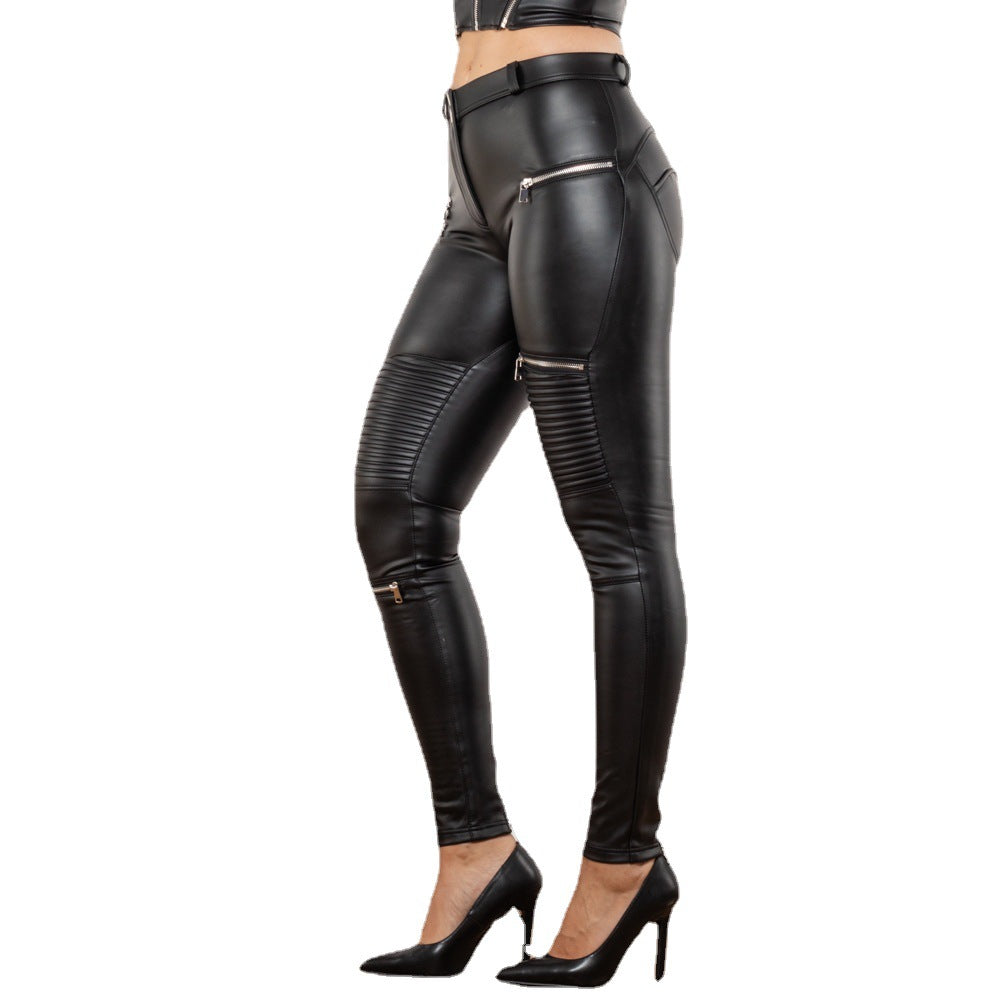Women's Matte Black Smocked Leather Pants | Stylish Peach Fit Faux Leather Trousers Ooho