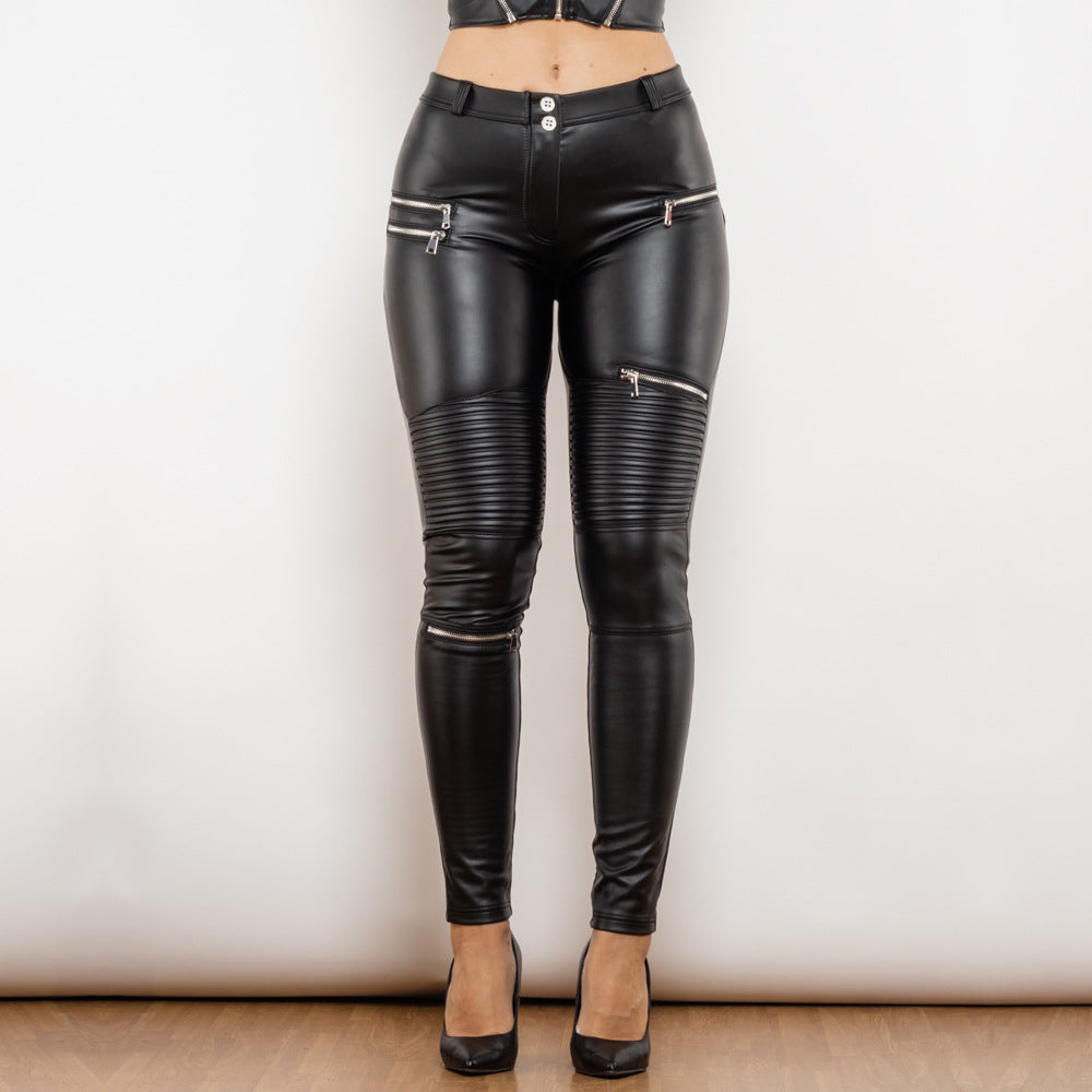 Women's Matte Black Smocked Leather Pants | Stylish Peach Fit Faux Leather Trousers Ooho