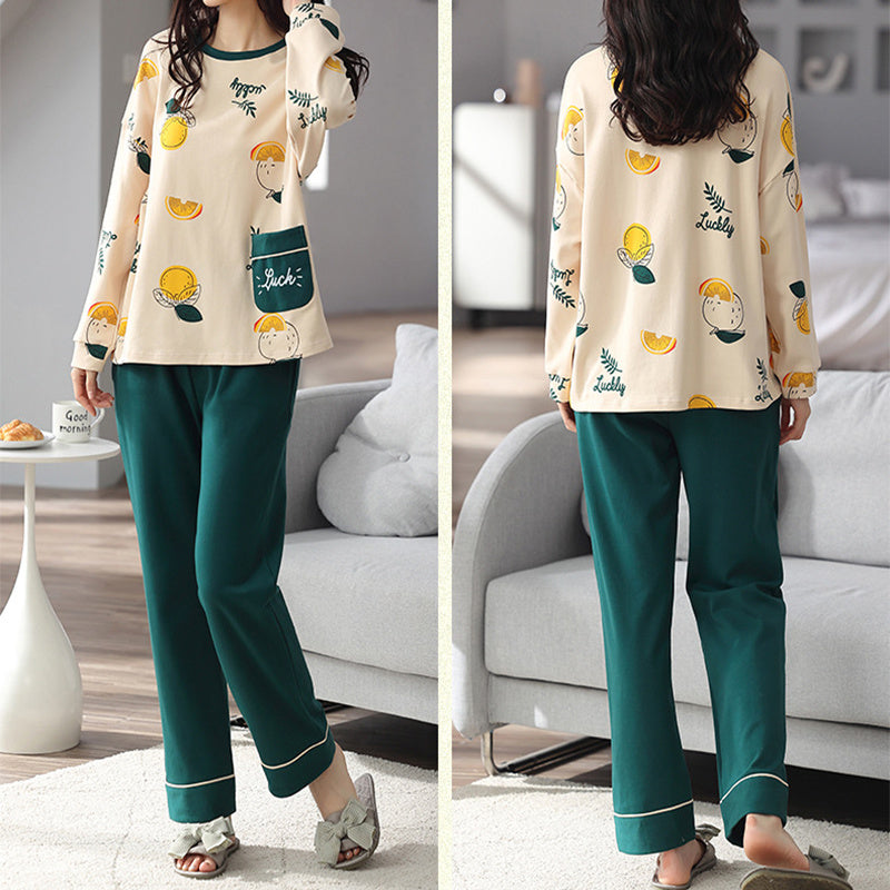 Loose Print Pajamas Women Autumn Winter Pyjama Set Long Sleeves And Trousers Elegant Sleepwear Girl Loungewear Home Clothes Ooho