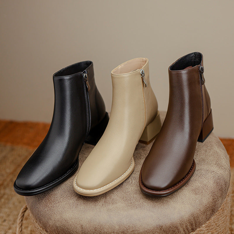 Simple All-match Soft Cowhide Boots Autumn And Winter New Thick Mid Heel Round Toe Brown Ankle Boots For Women Ooho