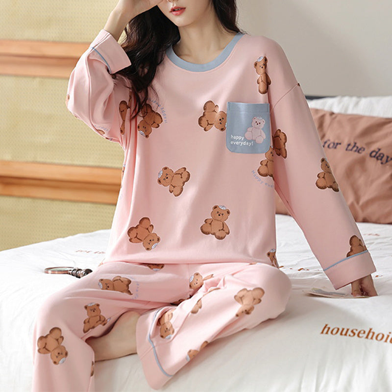 Loose Print Pajamas Women Autumn Winter Pyjama Set Long Sleeves And Trousers Elegant Sleepwear Girl Loungewear Home Clothes Ooho