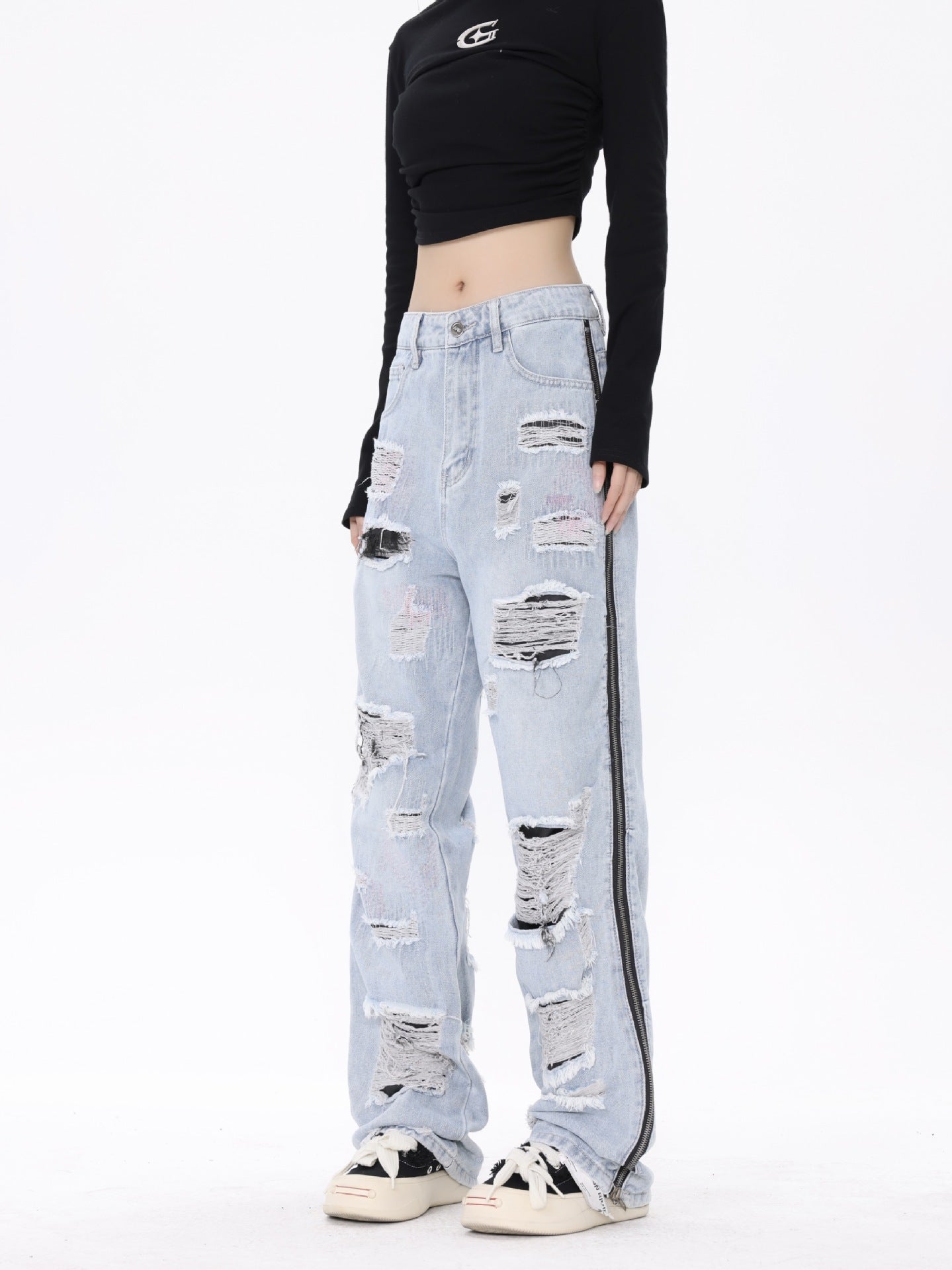 American Street Style Retro Tattered Washed Jeans | Vintage Distressed Denim for Women Ooho