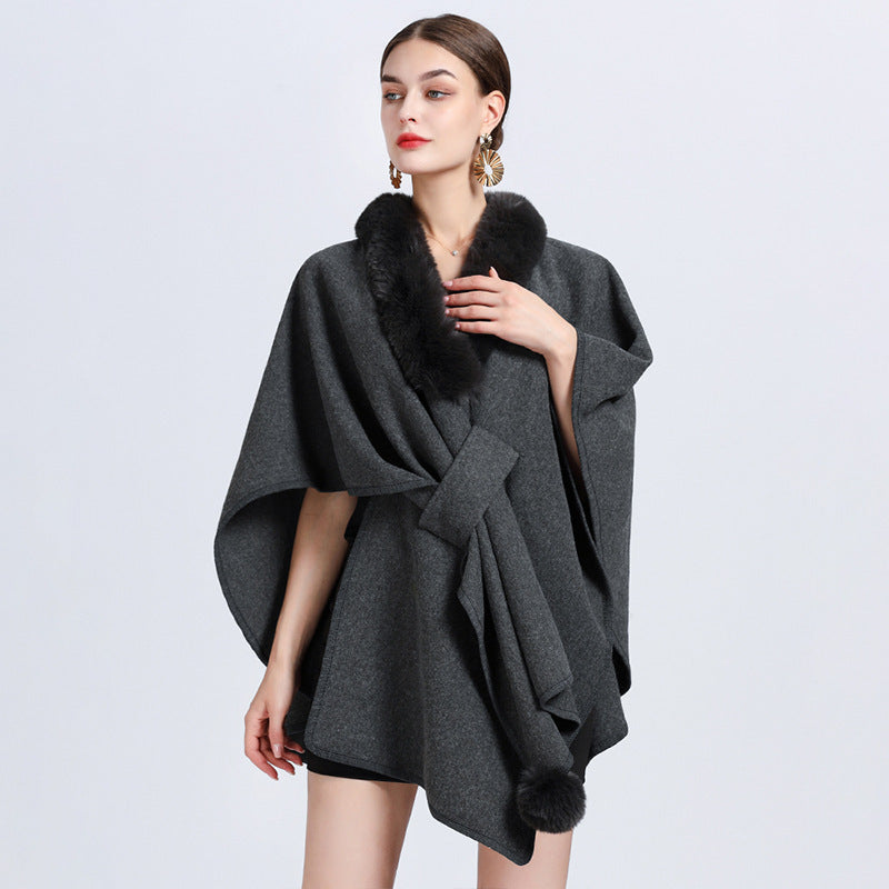 Imitation Rex Rabbit Fur Collar Cape and Shawl for Women – Loose Knitted Cardigan Ooho