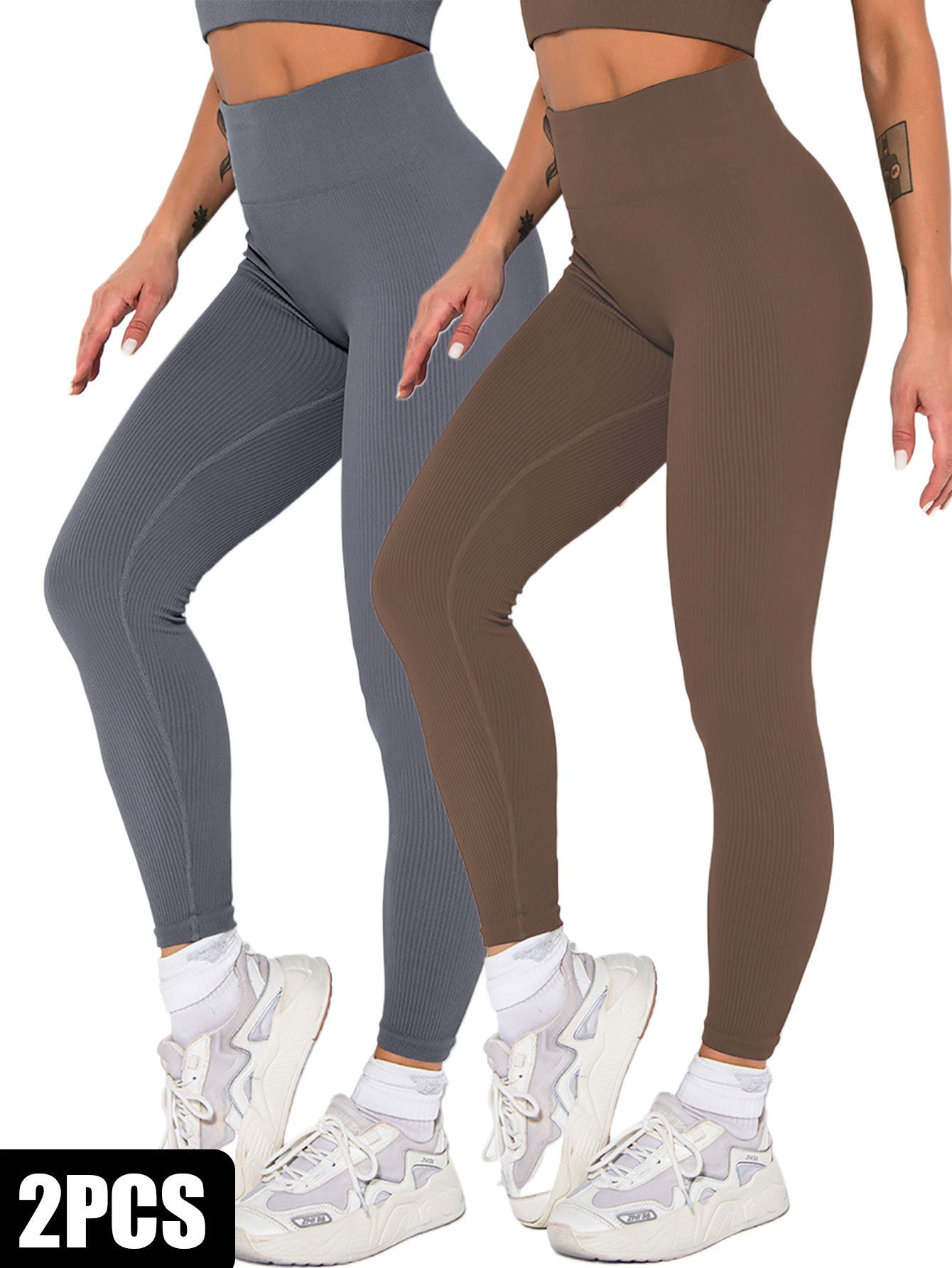 2-Pack Women’s Seamless Ribbed High Waist Leggings | Slimming Soft Yoga & Fitness Pants