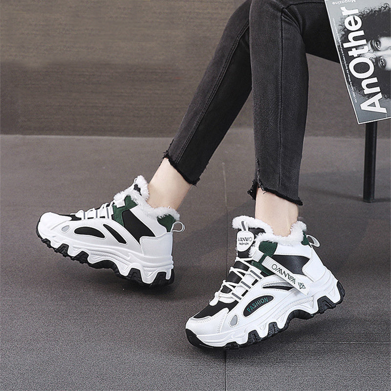 Fashion Black White Lace-up Sneakers Winter Warm All-match Plush Shoes Women Plus Velvet Fleece Flat High-top Sports Shoes Ooho