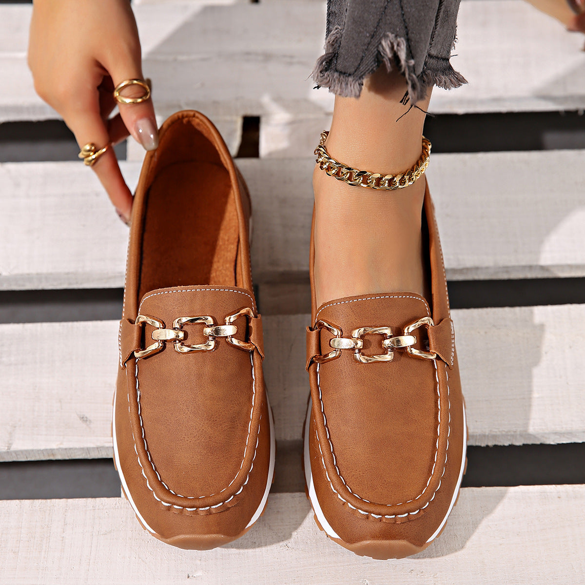 Oversized Shoes Female Metal Chain Flat Platform Casual Loafers Ooho