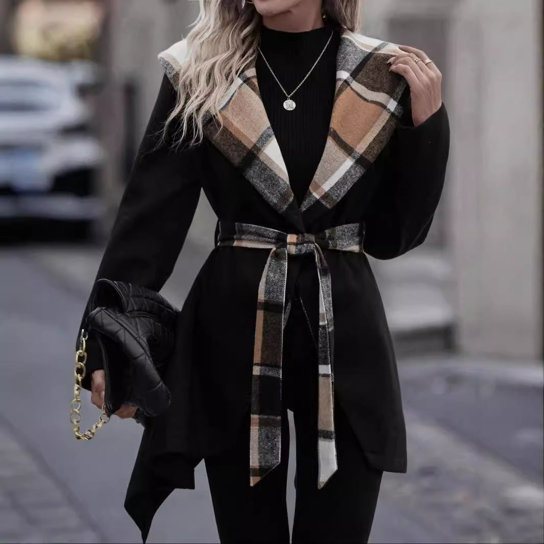 Lace-up Plaid Color Matching Wool Mid-length Trench Coat for Women – Elegant & Cozy Outerwear Ooho