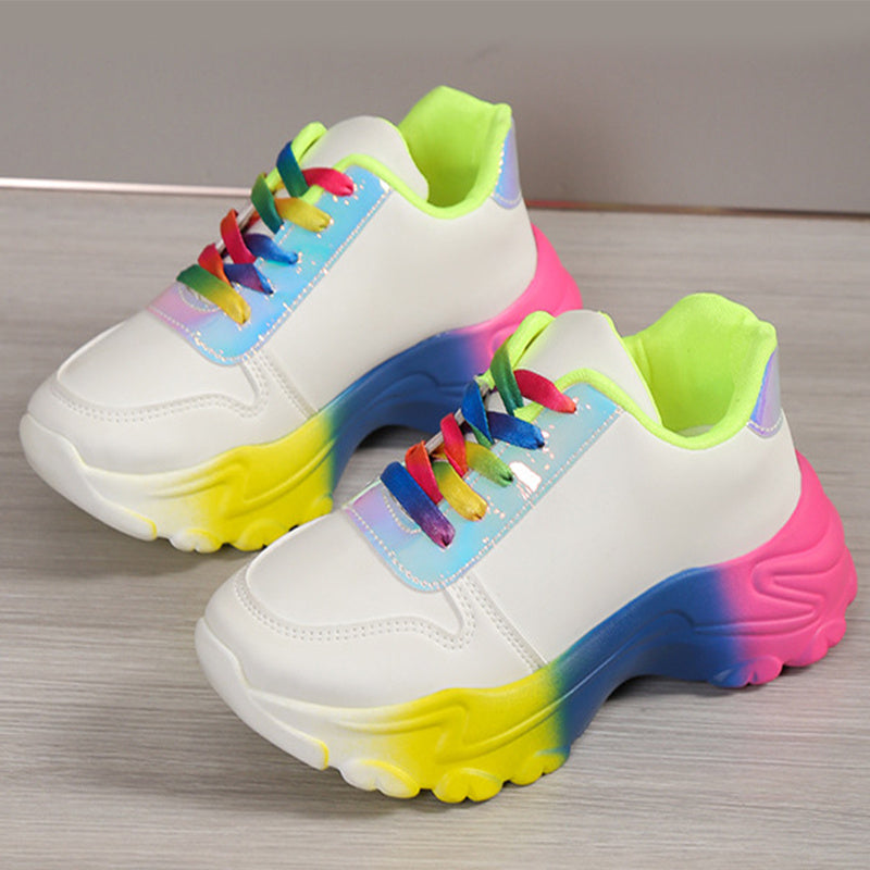 INS Style Rainbow Color Sports Shoes For Women Thick Bottom Lace-up Sneakers Fashion Casual Lightweight Running Walking Shoes Ooho
