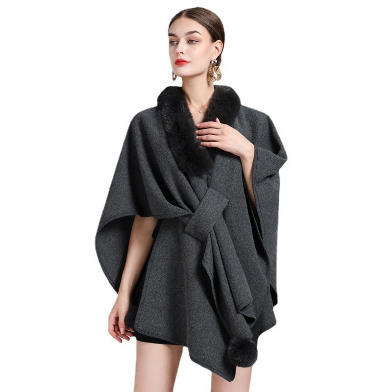 Imitation Rex Rabbit Fur Collar Cape and Shawl for Women – Loose Knitted Cardigan Ooho