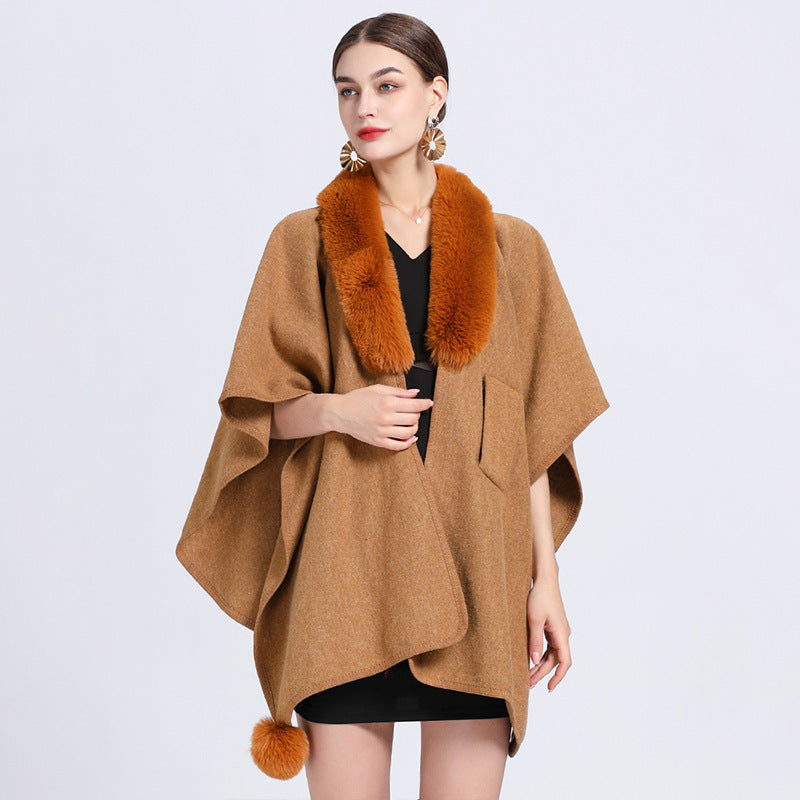 Imitation Rex Rabbit Fur Collar Cape and Shawl for Women – Loose Knitted Cardigan Ooho
