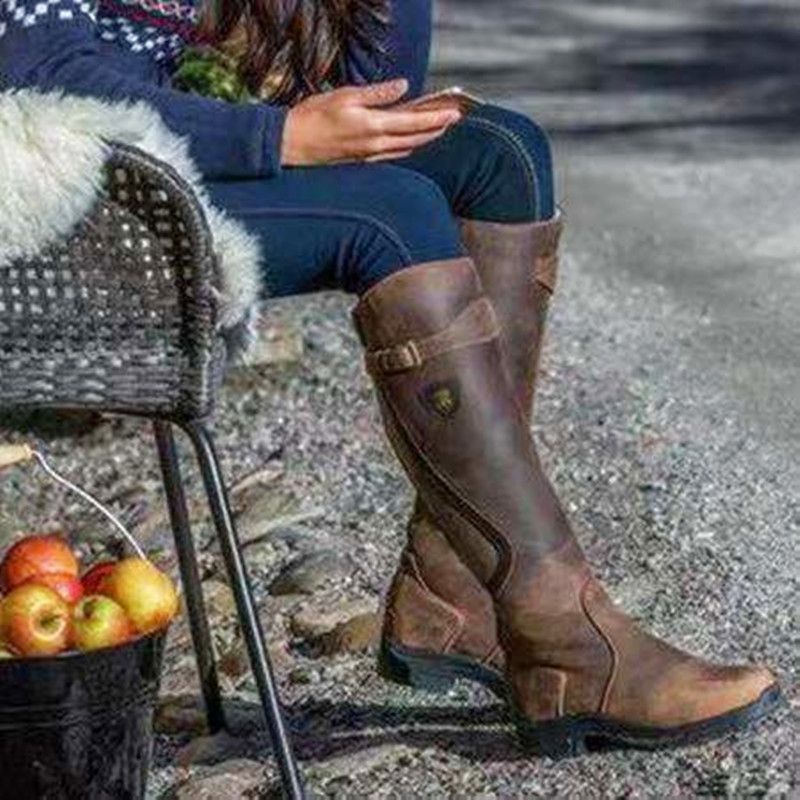 Classic Fashion Riding Western Boots Winter Knee Buckle Boots High Block Heel Round Toe Shoes For Women Ooho