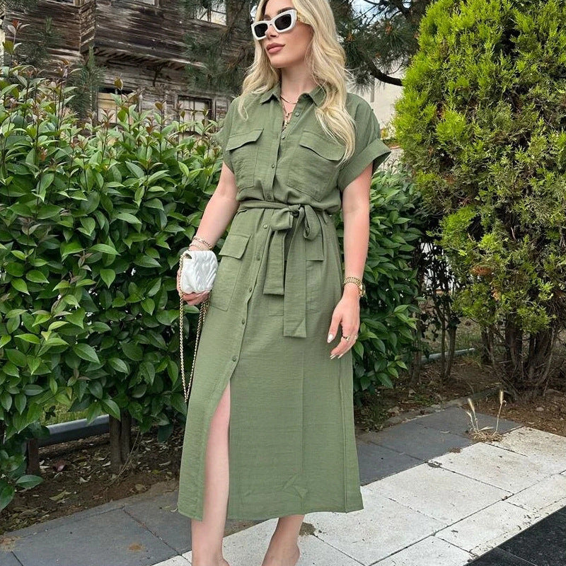 Fashion Belt Shirt Dress for Women | Stylish Button-Up Shirt Dress Ooho