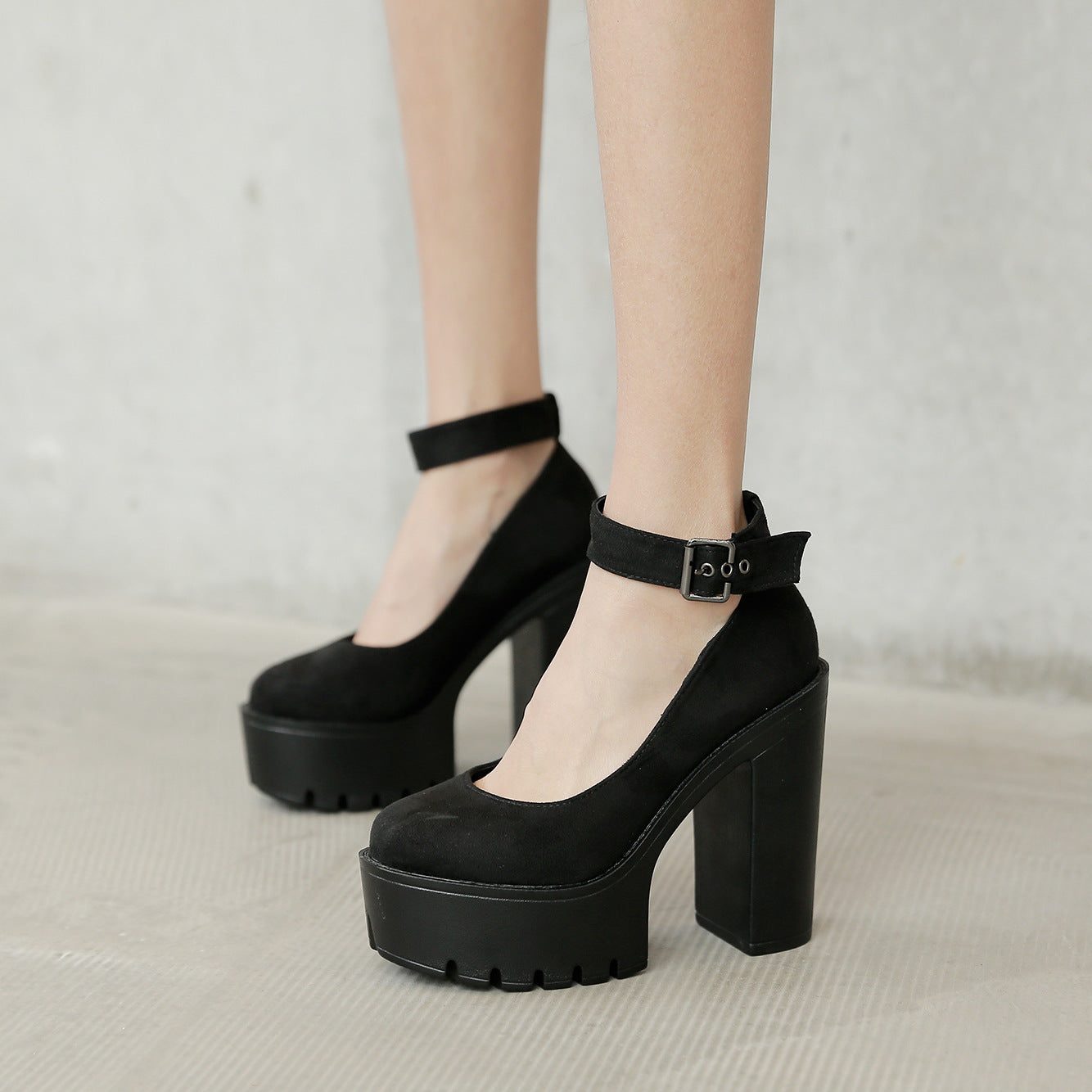 Black Platform Belt Buckle Chunky High Heels Ooho