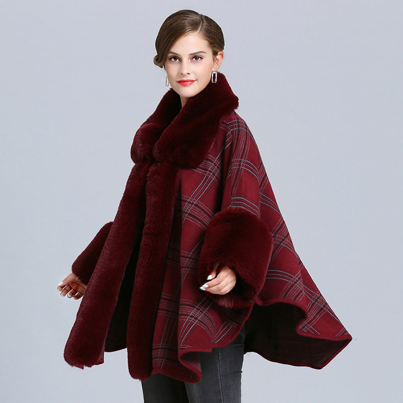 Women's Winter Plaid Poncho – Faux Fox Fur Neck Cape Shawl Wrap Ooho