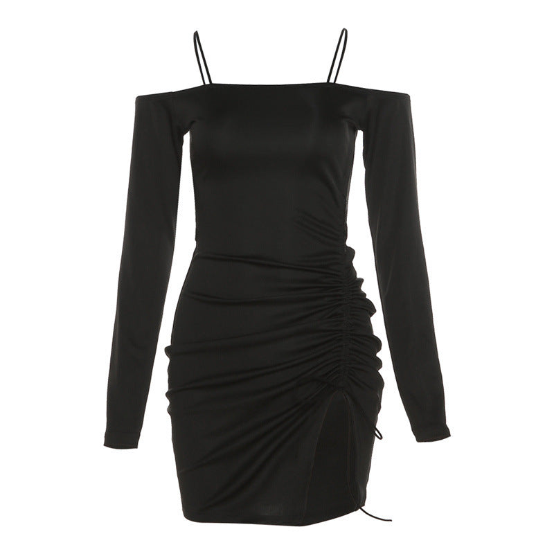 Slim Straight Neck Wrap Hip Split Dress Women Ooho