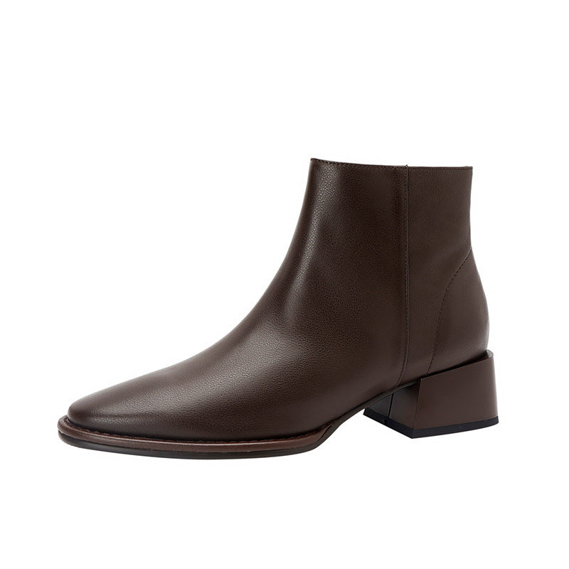 Simple All-match Soft Cowhide Boots Autumn And Winter New Thick Mid Heel Round Toe Brown Ankle Boots For Women Ooho