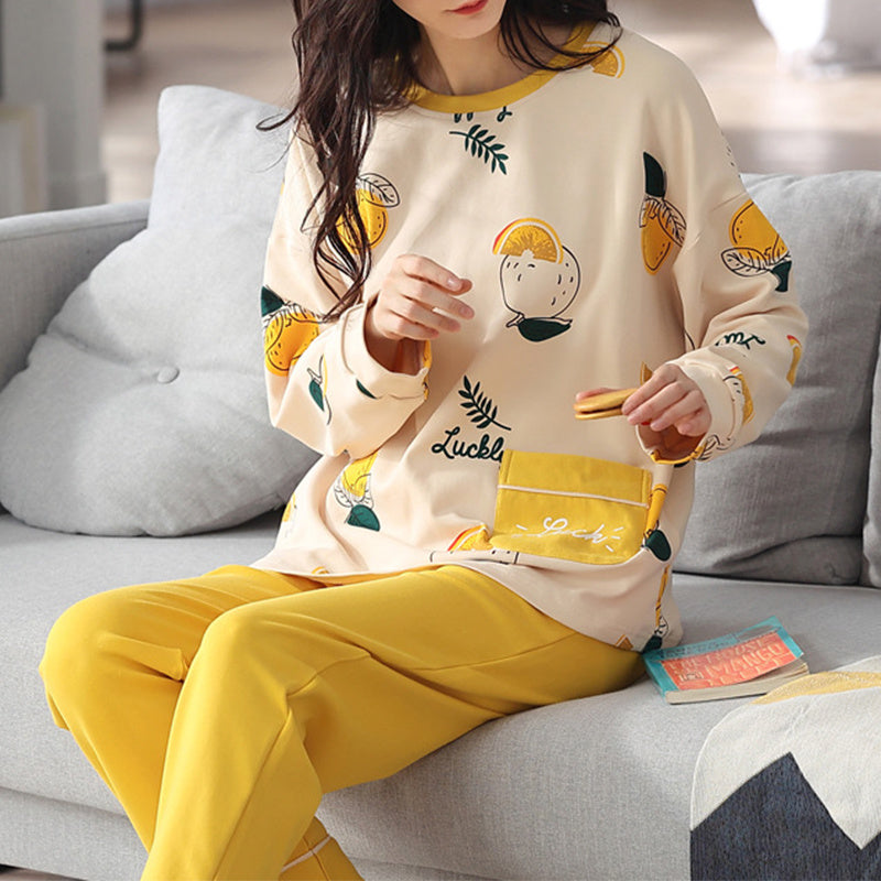 Loose Print Pajamas Women Autumn Winter Pyjama Set Long Sleeves And Trousers Elegant Sleepwear Girl Loungewear Home Clothes Ooho
