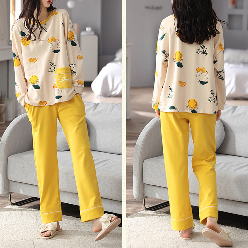 Loose Print Pajamas Women Autumn Winter Pyjama Set Long Sleeves And Trousers Elegant Sleepwear Girl Loungewear Home Clothes Ooho