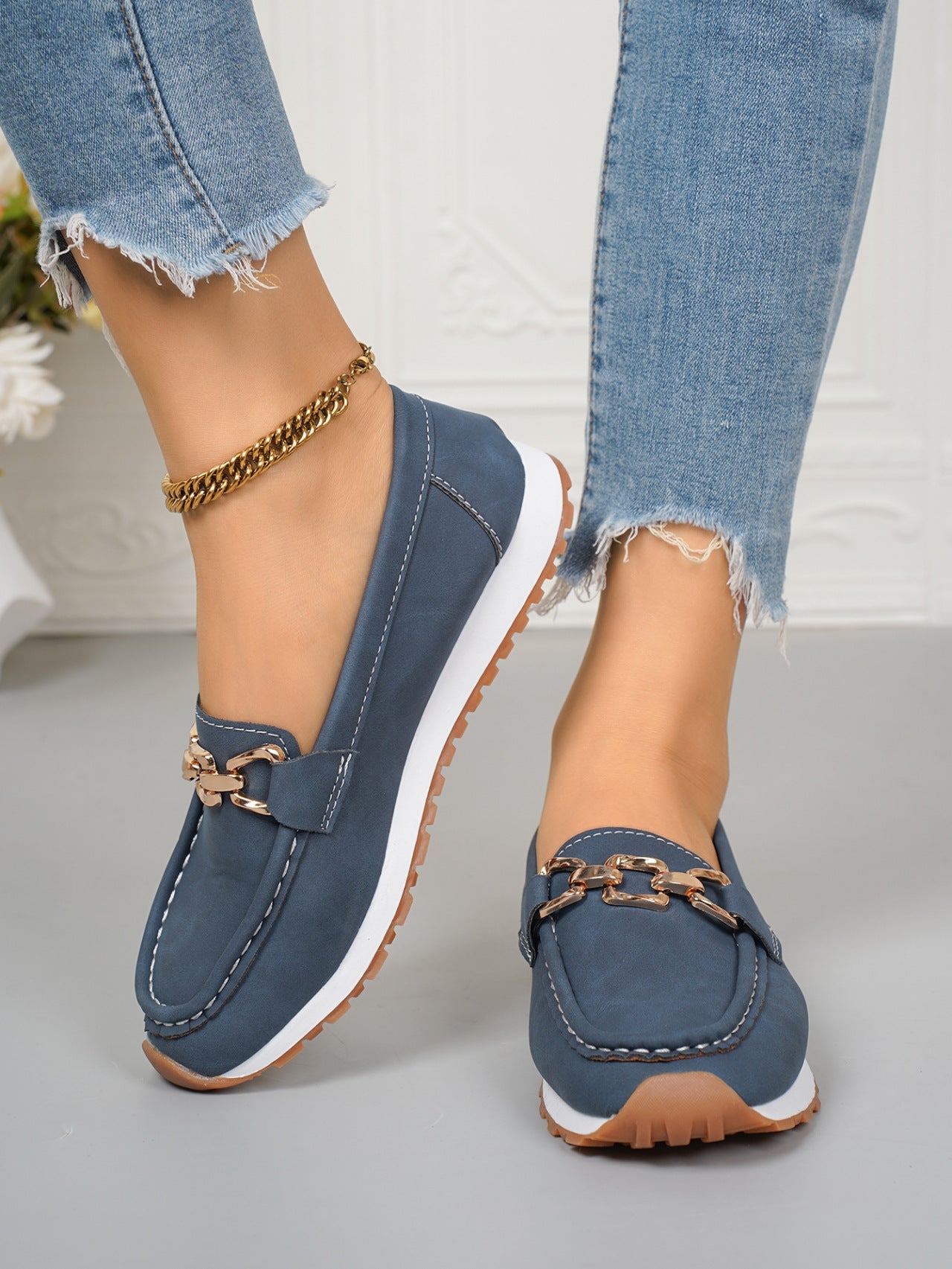 Oversized Shoes Female Metal Chain Flat Platform Casual Loafers Ooho