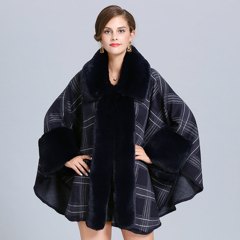 Women's Winter Plaid Poncho – Faux Fox Fur Neck Cape Shawl Wrap Ooho
