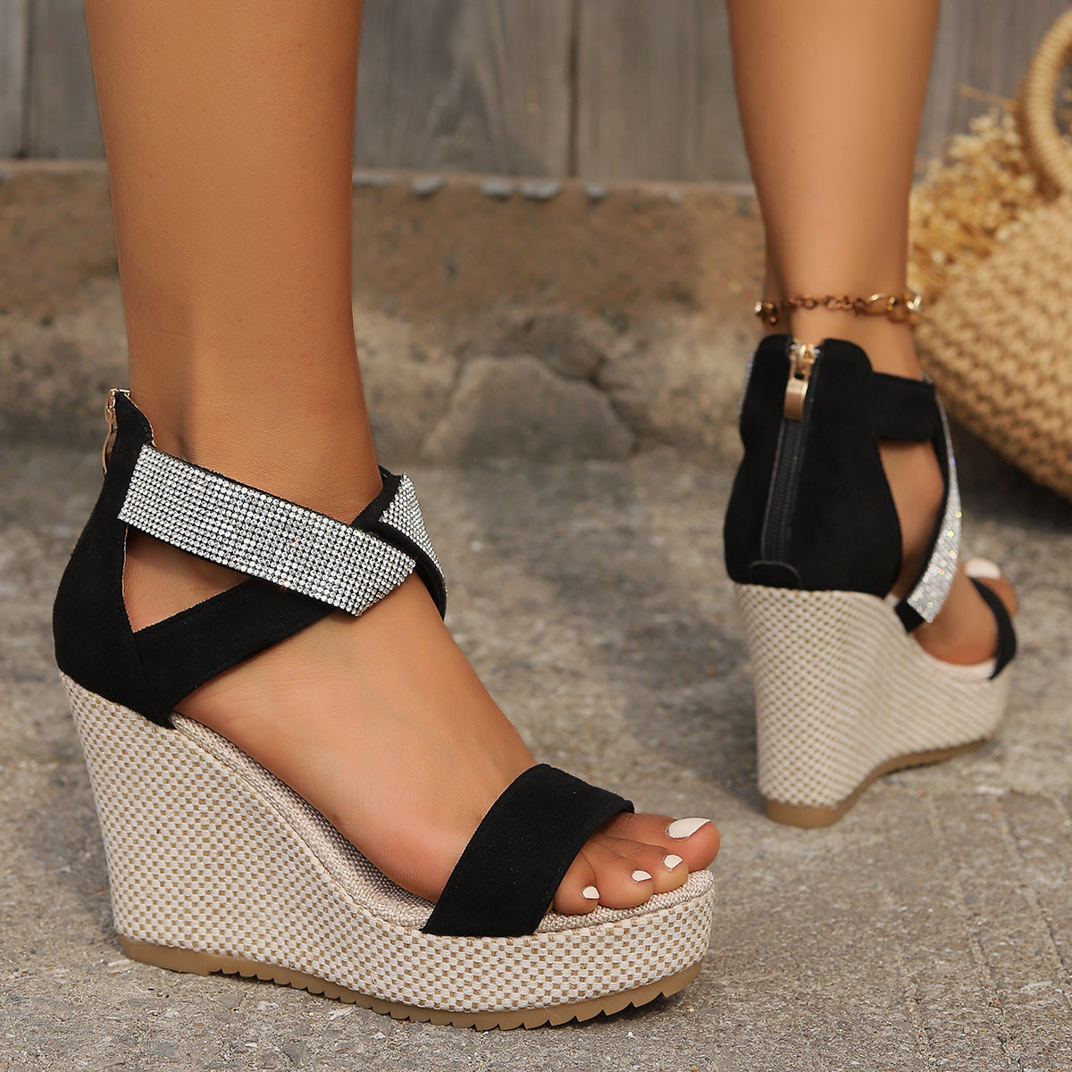 Fish Mouth High Wedges Sandals With Rhinestone Design Fashion Summer Platform Shoes For Women Ooho