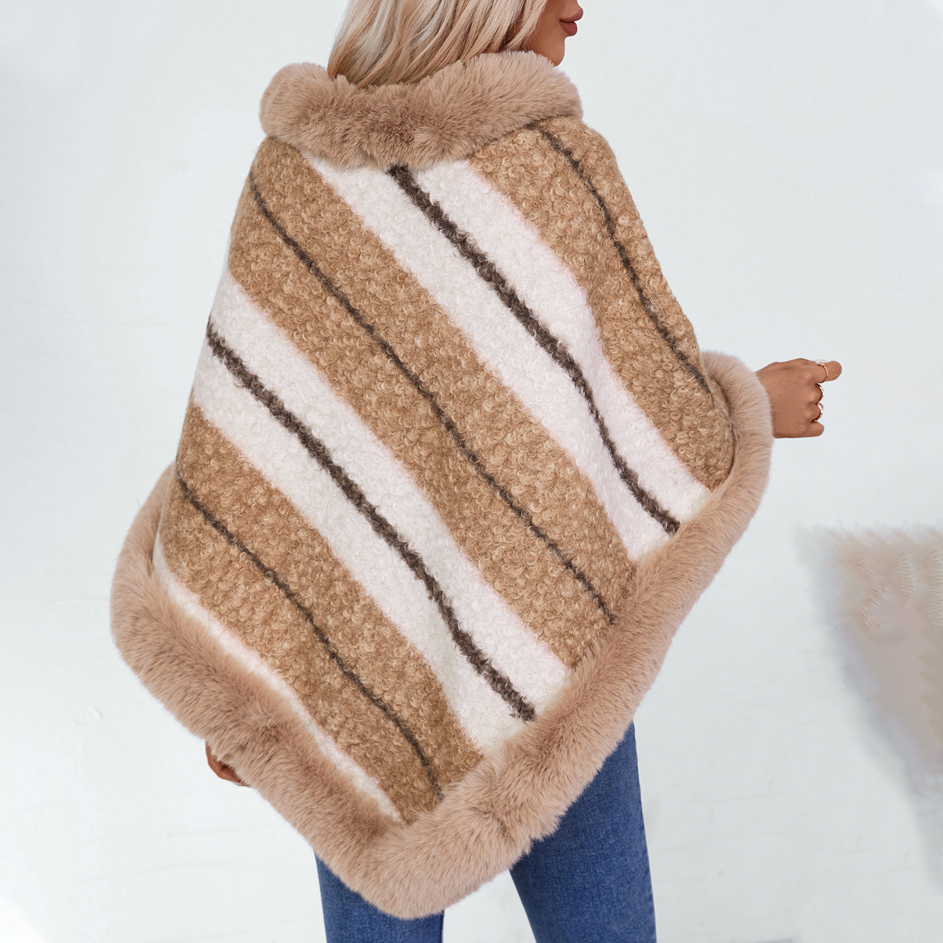 Cape Fur Collar Striped Knitted Shawl Sweater For Women Ooho