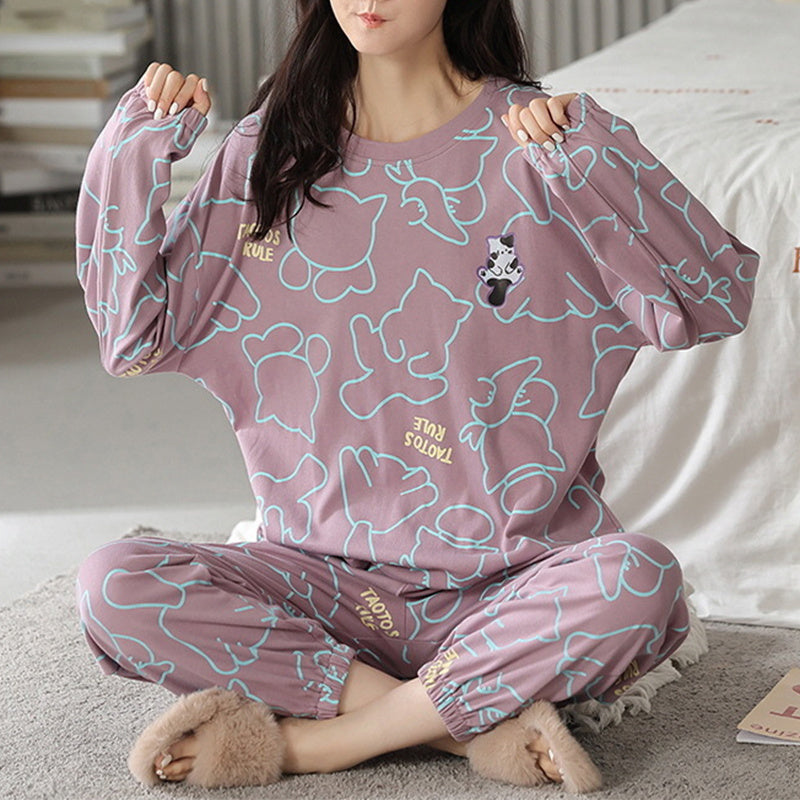 Loose Print Pajamas Women Autumn Winter Pyjama Set Long Sleeves And Trousers Elegant Sleepwear Girl Loungewear Home Clothes Ooho