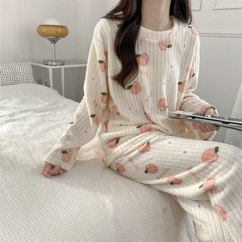 Women's Pajamas Autumn Winter Warm Pyjamas Sets Thick Coral Long Sleeve Cute Cartoon Bear Sleepwear Home Nightclothes Ooho