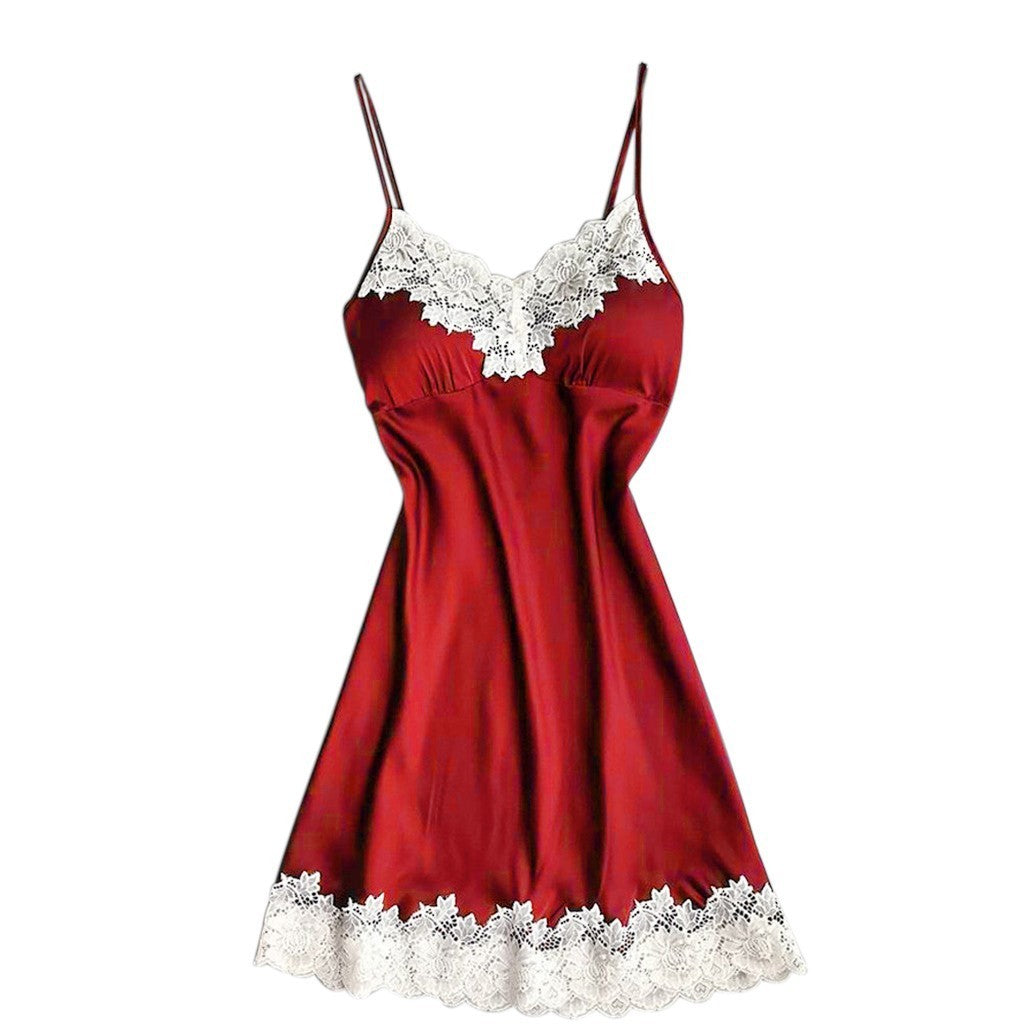 Large Size Sexy Suspender Dress Satin Lace Stitching Nightdress Ooho